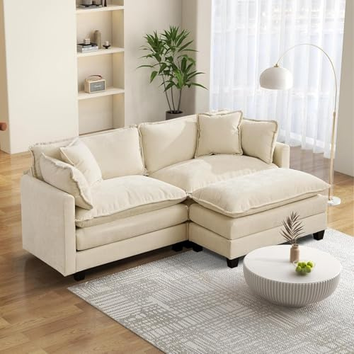 SoarTalent 198cm L-Form 2-Sitzer Sektionalsofa mit 1 Ottomane, Beige | Chenille-Bezug im Wolken-Couch-Stil, tiefer Sitz mit Kissen, wandelbar, Sitzhöhe 54cm für Wohnzimmer, Wohnung, Büro.