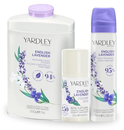 Yardley London English Lavender Set mit Körperspray 75 ml, parfümiertem Körperpuder 200 g und festem Cologne-Stick 20 ml für Damen, mit Noten von Bergamotte und Salbei