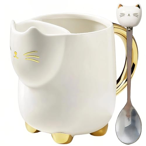 HRCOYES Cute Cat Mug with Tea Bag Holder， Coffee Mug or Tea Mug for Cat Lovers, Funny Novelty 3D Cups Gifts for Women, Friend .17oz (White)
