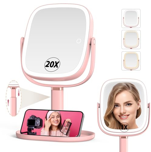 Mocado Makeup Mirror with Light, 360° Rotation 1X/20X Magnifying Makeup Mirror, Rechargeable Double Sided Tabletop Vanity Mirror with Height Adjustable, 3 Color Light, Dimmable Touch, 21.4cm(Pink)