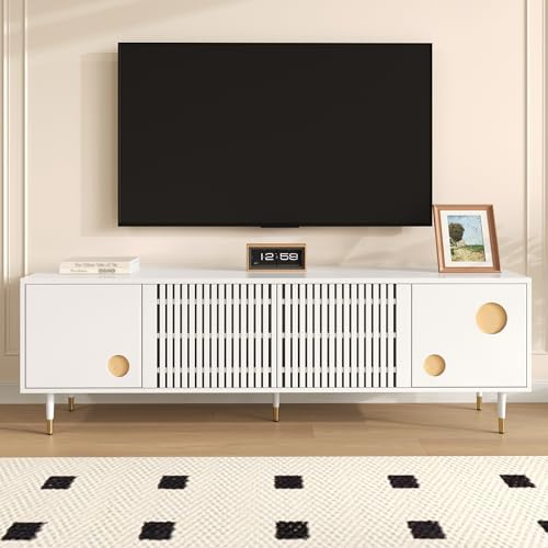 FammyLoft 170cm TV Lowboard mit 2 Gitterstruktur Türen, TV Schrank mit 2 Türen aus Massivholz, Fernseher Schrank für Wohnzimmer, TV-Tisch, TV-Ständer, Weiß