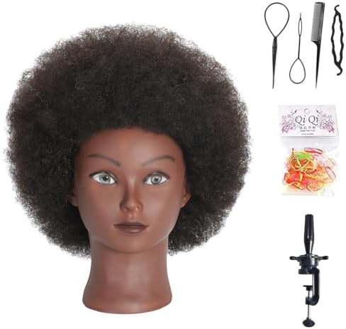 Davinona Training Head African American with 100% Human Hair Mannequin Head Cosmetology Afro Hair Manikin Head for Practice Styling Braiding with Free Clamp+Braid Sets (Natural -1B)
