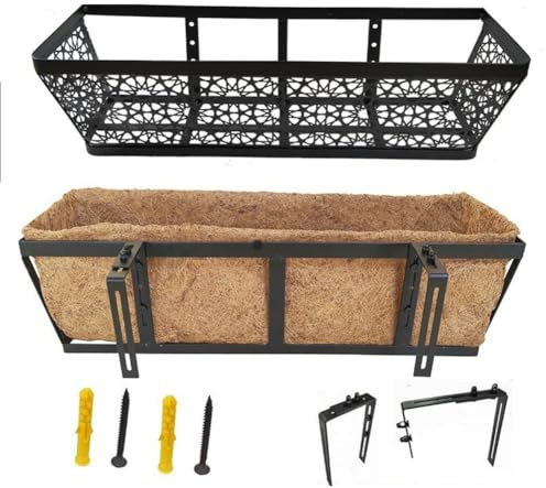 Lawnoval Hanging Flower Basket with Adjustable Brackets Railings and Windowsills, 24 Inch Window Box with Coco Fiber Liner Outdoor Plants With stand
