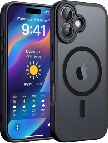 GeeKe für iPhone 16 Hülle für Magsafe, Vollständiger Kameraschutz Stoßfest Kratzfest Transluzente Rückseite Magnetisch Handyhülle für iPhone 16 Case, Schwarz123