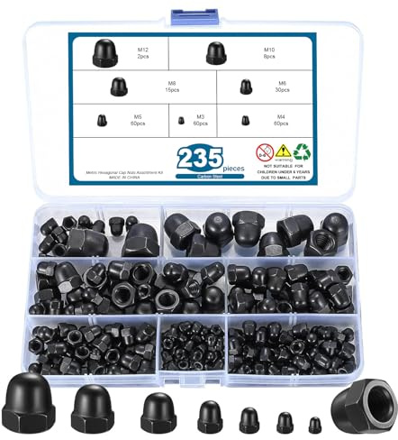 235 Stück Hutmutter Set Schwarz M3/M4/M5/M6/M8/M10/M12 Kohlenstoffstahl Muttern