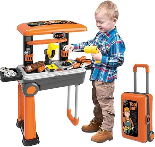 BAKAJI Banco da Lavoro per Bambini Richiudibile, Trolley Giocattolo con Attrezzi, Sega Circolare, Utensili da Officina Gioco Trasformabile in una Valigetta Portatile, Giochi di Simulazione Fai da Te