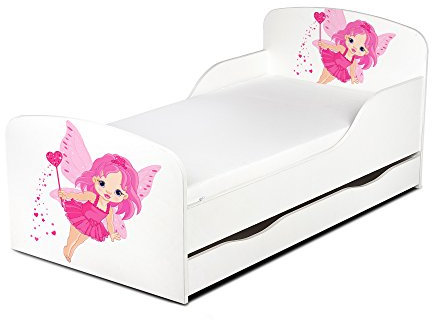 Leomark Einzelbett aus Holz - Gute Fee - Kinderbett mit Schubladen für Bettwäsche, Stauraum, Holzbett mit Matratze + Lattenrost, Komplett Set, Liegefläche 70/140 cm, UV-Druck