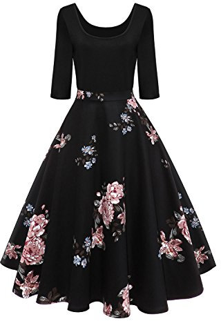 AXOE Women 50s Style Floral Vintage Rockabilly Dress 3/4 Sleeves Black with Peony F4, UK Size 14, L