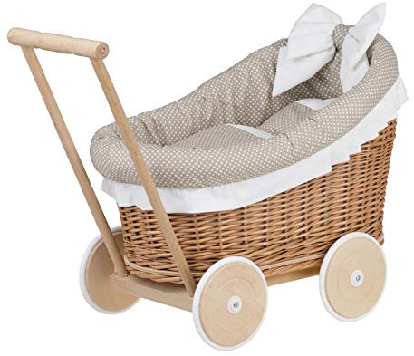 e-wicker24 Alles aus Weide Puppenwagen aus Weide mit Bettwäsche perfekte Geschenkidee Korbpuppenwagen schöner Spielzeug aus Korbgeflecht Korbwagen für Puppen Spielzeug für Mädchen (Natur, Beige)