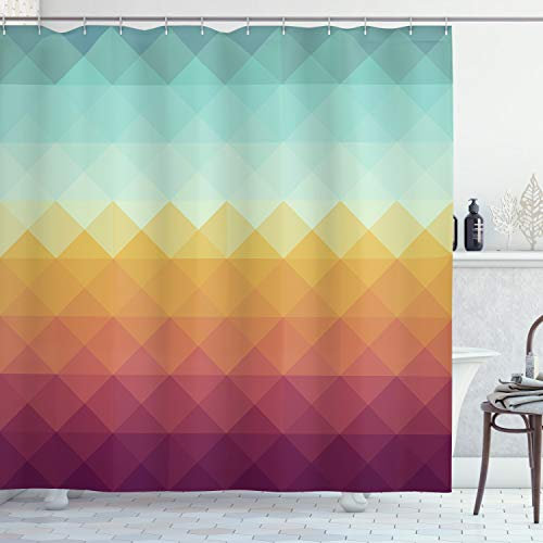 ABAKUHAUS Indie Duschvorhang, Zusammenfassung Karierten Pastell, Stoffliches Gewebe Badezimmerdekorationsset mit Haken, 175 x 220 cm, Türkis Ringelblume