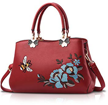 NICOLE&DORIS Handtaschen Damen Mode Schultertasche Geldbörse Retro Umhängetasche Frau Tote Stickerei Wein rote Biene
