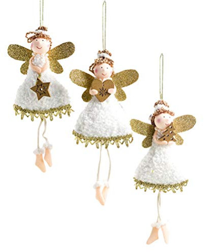 3pcs Christmas Wood Angel Pendant Xmas Tree Decoration Cloth Plush Angel Doll Hanging Ornament for Festive Home Wall Window Decor Kids