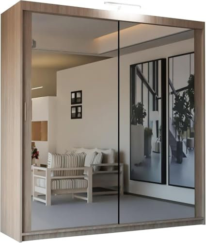 SLIDING WARDROBE 4U Mirror Sliding 2 or 3 Door Wardrobe with LED Light 90cm/120cm/150cm/180cm/203cm/250cm White-Black-Grey-Walnut-Wenge-Oak (Oak, 90cm)