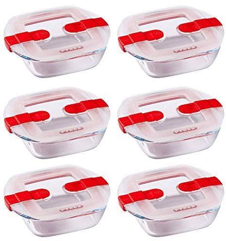 Pyrex - Set di 6 piatti quadrati in vetro con coperchio ventilato, 1 l, colore: Rosso