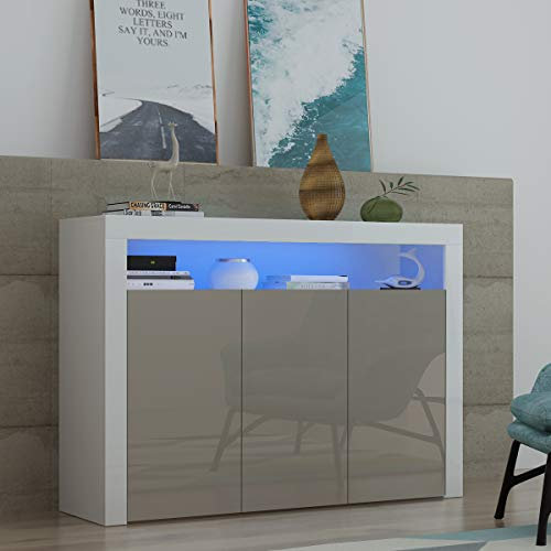 Panana High Gloss 3 Door Sideboard Cupboard with LED Lights Large Display Cabinet Storage Unit for Living Room Bedroom (Grey)