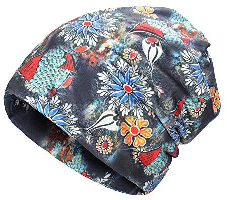 ZLYC Damen Slouch Beanie Leicht Weich Jersey Mütze Blumen Turban Hut,Blumen Schwarz,Gr. Einheitsgröße