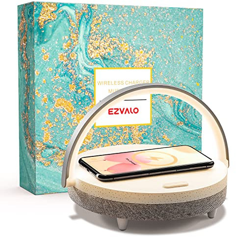 EZVALO LED Night Light, Music Bedside Lamp with Wireless Charger, 4 in 1 Touch Lamp, Portable Bluetooth Speaker, Dimmable Phone Holder, Wireless Charging, Gift for