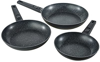 Royal Swiss Set de 3 Poeles 20cm; 24 cm, 28cm en revetement pierre noir, bon pour Induction (Noir D, 28)