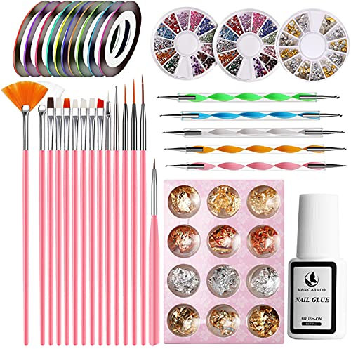 MAGIC ARMOR 46 pieces nail art tool nail pen designer with 15 pieces nail painting brush, nail dotting tool, nail foil, nail diamonds, colour rhinestones for professional nail art design