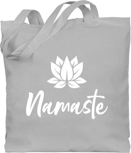 Baumwolltasche - Yoga und Wellness Geschenk - Namaste mit Lotusblüte weiß - Unisize - Hellgrau - jutebeutel baumwolle fans henkel geschenke shopping bag joga beutel stofftaschen tasche lange für