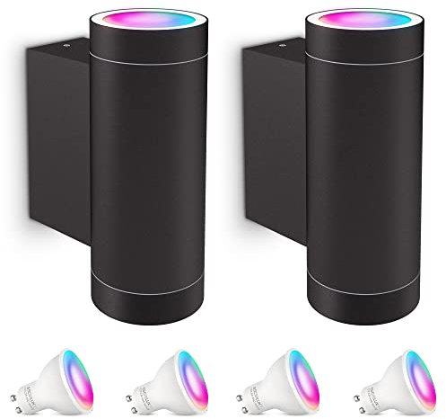 SSC-LUXon 2 Stück ESMA Smart Wandlampen für Außen IP54 mit 4x WiFi RGB GU10 LED Birnen steuerbar per App & Sprache - Wandleuchte Up Down schwarz