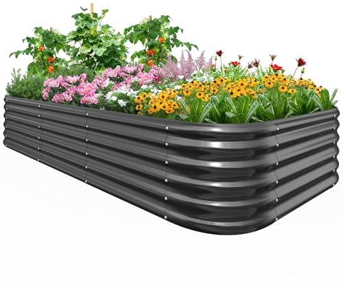 Quictent Verzinktes hohes Hochbeet-Set, 2.4x1.2x0.5 m, oval, großer Pflanzkasten, für Gemüse im Freien, doppelt verstärkt durch vertikale Stange und Querstange mit Auskleidung (dunkelgrau)