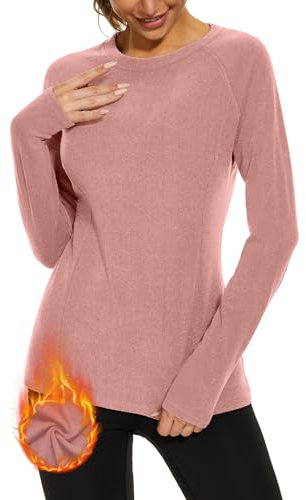 WOWENY Thermo Oberteil Damen Fleece Shirt Langarm Thermoaktive Thermounterwäsche extra warm Unterhemd Langarmshirt leicht Skiunterwäsche Wandershirt(Rosa, L)