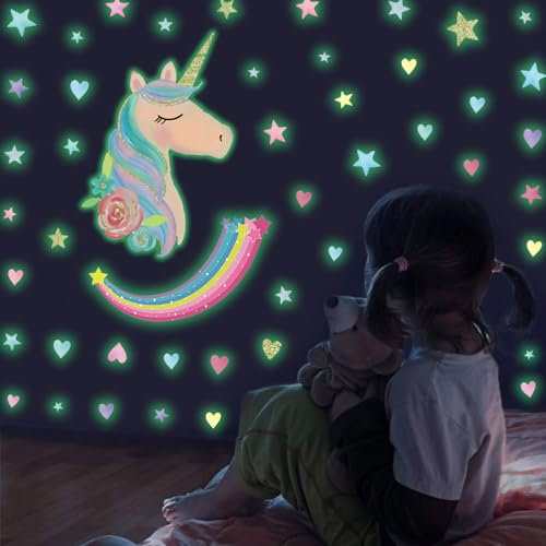 Einhorn Wandtattoo Kinderzimmer Deko, Leuchtsticker Wandtattoo Regenbogen Babyzimmern Mädchen, Leuchtsterne Wandaufkleber, Leuchtender Wandsticker Selbstklebend, Tapete Sternenhimmel Leuchtaufkleber