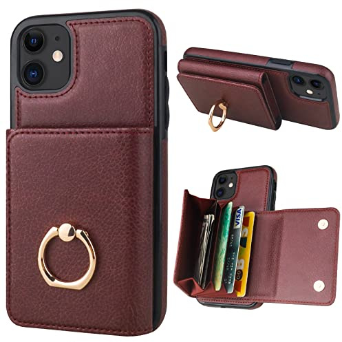 Folosu for iPhone 11 Case Wallet with Card Holder, 360°Rotation Finger Ring Holder Kickstand, RFID Blocking Folio PU Leather Double Magnetic Clasp Protective Cover 6.1 Inch Wine Red