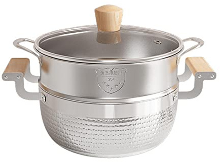Traditional Japanese Yukihira Saucepan Nonstick Pot, Stainless Steel Milk Sauce Pan with Glass Lid and Food Steamer for Ramen, Milk (18cm/7in,with Steamer)