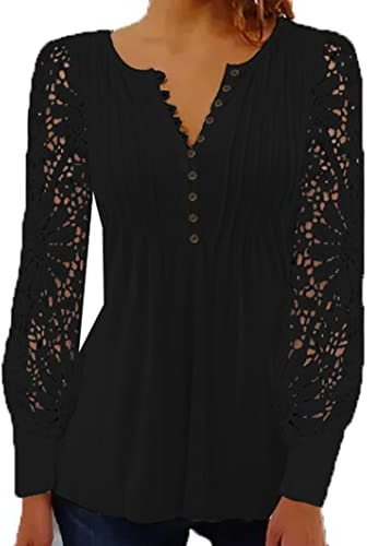 Damen FrüHling Spitze Feste Farbe Langarm Button Down V-Ausschnitt Slim Fit Kurzes T-Shirt Top