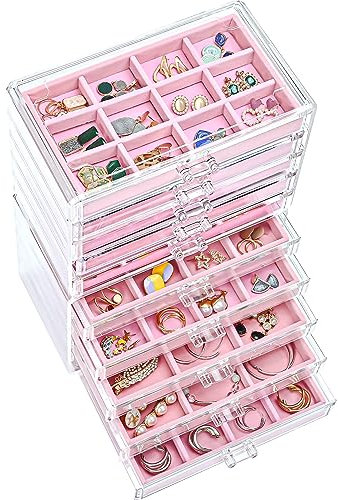 ProCase Acryl Schmuck Organizer Schmuckschatulle für Damen Durchsichtige Schmuckaufbewahrung Schmuckkästchen Schmuckbox mit 10 Schubladen für Ohrringe, Ringe, Armbänder -Rosa