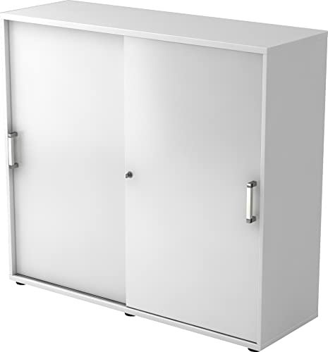 bümö Schiebetürenschrank 3OH - Aktenschrank abschließbar, Sideboard Schrank mit Schiebetüren in Weiss - Büroschrank aus Holz mit Schiebetür, Büro Kommode für Ordner & Co.