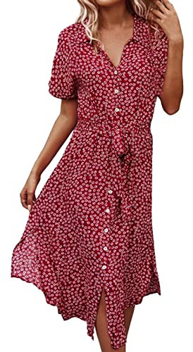 NNGOTD Robe Longue Femme Ete Floral Imprimé Décontracté Robe d'été Mini Robe à Manches Courtes à Col en V Robe Courte Fleurie Robe Volants Bohème Robe de Plage Elégant Robe de Communion Rouge