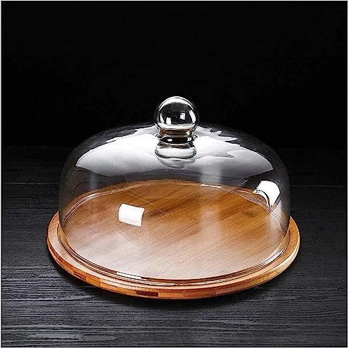 Bandeja de bambú con Tapa de Vidrio Bandeja de exhibición de Pizza for bistec Tapa de conservación de Frutas Caja de Pastel Redonda for el hogar (Size : 29CM)