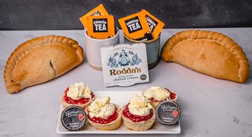 The Cornish Hamper Pasty Cream Tea Hamper 2 Person Gift Fresh Scones, Tea, Jam, Roddas Clotted Cream, 2x Large Gourmet Cornish Pasties, Elegant Packaging, Birthday, Anniversary Special Occasions