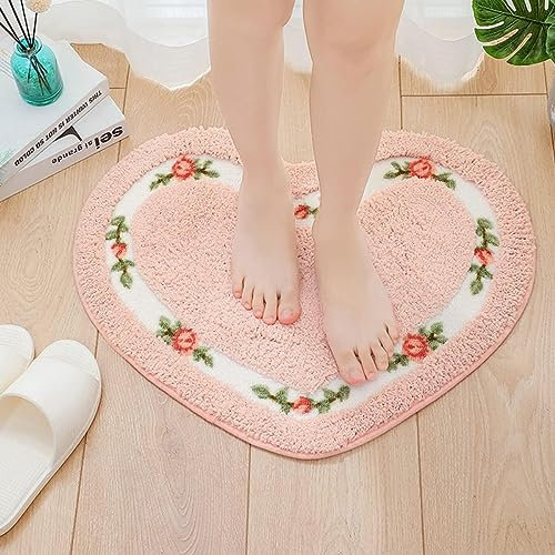 powerking Floral Area Teppiche für Wohnzimmer Schlafzimmer, weiche Badezimmer Teppiche Bequeme Matte rutschfeste Moderne Tür Matte Bodenmatte für Wohnküche Inneneingang(Herz, Rosa)