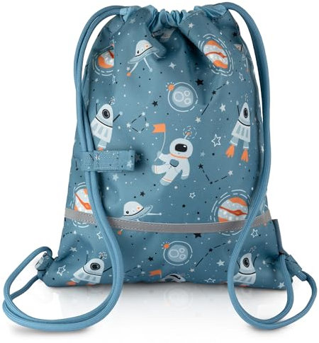 TA Trend Atelier Kinder/Kleinkinder Turnbeutel/Sportbeutel, PFC-frei, wasserabweisend, Reflektoren, Brustgurt (Blau - Weltall)