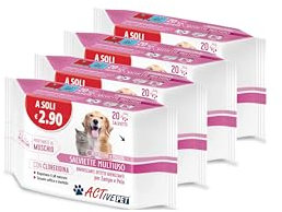 F & F Active Pet Lingettes Multi-usages avec Chlorhexidine pour Le Nettoyage et Le Nettoyage des Poils de Chiens et Chats, parfumées à la Mousse – 1 Paquet Quadripack de 80 Salivettes