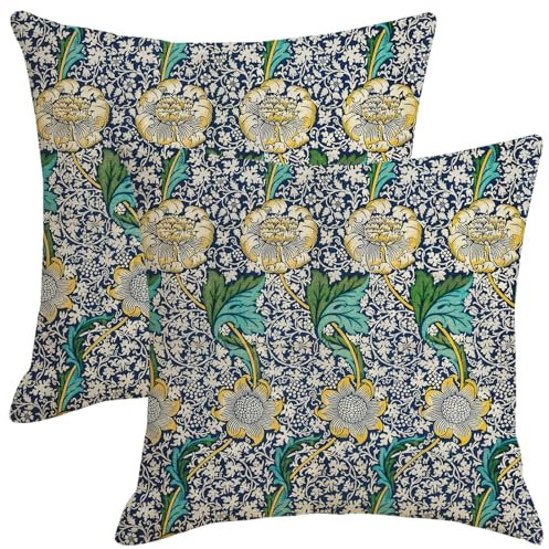 HOSTECCO Vintage Floral Kissenbezüge 45x45cm 2er Set Blau Blume Kissenbezüge Chinoiserie Dekokissen Kissenbezüge für Sofa Couch