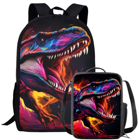 Amzbeauty Mochila de dinosaurio de 2 piezas con lonchera para niños y niñas, mochila con estampado animal y bolsa de almuerzo para primaria