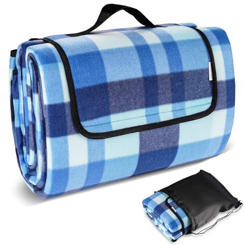 Generisch Picknickdecke 200x200 cm für 4-6 Personen, Stranddecke Wasserdicht, Picknickmatte Waschbar, Faltbare Campingdecke mit Tragegriff, Einfaches Tragen, Blau-Kariertes Muster