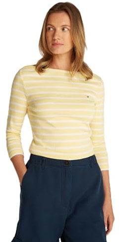 Tommy Hilfiger Women's Long Sleeve Slim Fit Boat Neck Top, Multicolor (Citronella/Ecru STP), S