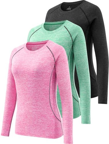 Ullnoy 3 Pack Women's Long Sleeve Gym Tops Quick Dry Workout Running T Shirt Breathable Yoga Sports Crew Neck Thermal Undershirt Black/Green/Pink M