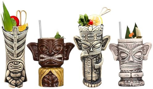 Vinbcorw Tiki-Becher-Set,4 /8Stück Tiki-Gläser für Cocktails tropischen Keramikbechern Hawaii Tiki Party Kreative Cocktail Glas Bar Drinkware Premium Tropical Exotic Barware,B