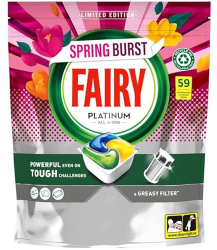 Fairry Platinum All-in-One Dishwasher Capsules 59pk - Spring Burst - Best For Tough Challenges And Greasy Filters.