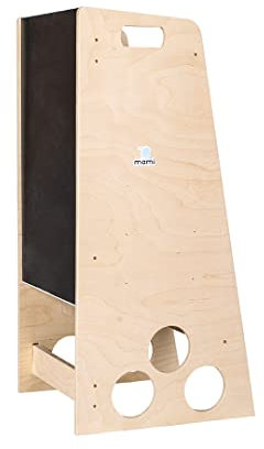mamikids Learning Tower - Torre Montessoriana in Legno Naturale con Lavagna per Bambini 2-6 Anni, Torretta Montessoriana Apprendimento, Trasformabile in Scala, Tavolo, Sgabello Bambini, Made in Italy