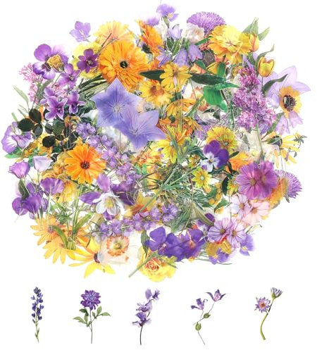 120 Transparente Scrapbooking Aufkleber, PET Blumen Aufkleber Pflanzen Sticker, Flower Stickers, Blumenaufkleber für Scrapbook Fotoalbum Sammelalbum Laptops Handwerk(Märchenhaft)