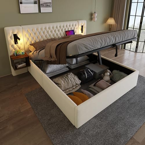 FEZTOY Polsterbett Doppelbett Bettanlage 160 x 200 cm mit 2X Nachtkommoden & 4 Schubladen, Kopfteil mit LED & USB Ladefunktion - Hydraulisch Stauraumbett, Samt, Ohne Matratze