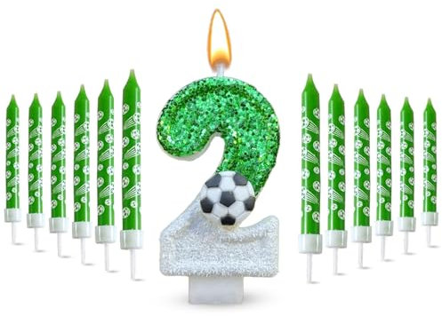 Glamify 13 STK Kerze 2 Geburtstag Junge,3D Geburtstagskerzen Kinder Kerzen Geburtstag Fußball Geburtstagskerzen Zahlen 2. geburtstag Junge,Geburtstagskerze 2 Fußball Geburtstag Kerzen Kerze Zahl Grüne